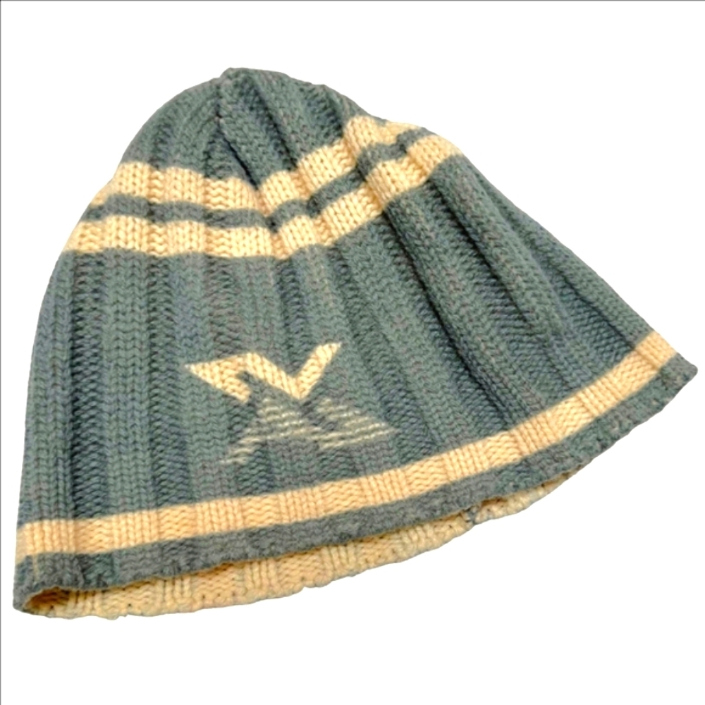 Armani Exchange  Blue and Cream Lambswool Striped Knit Beanie